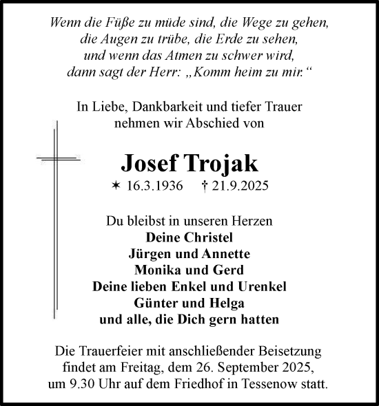 Traueranzeige von Josef Trojak von Parchim und Lübz