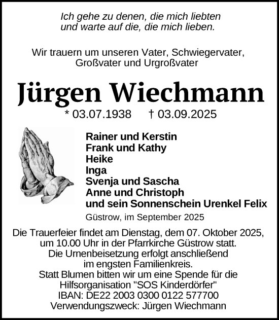 Traueranzeige von Jürgen Wiechmann von Güstrow und Bützow