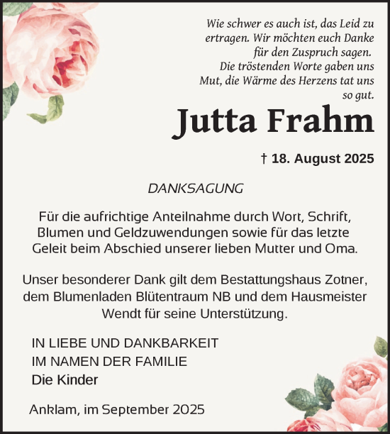 Traueranzeige von Jutta Frahm von Nordkurier Vorpommern Kurier