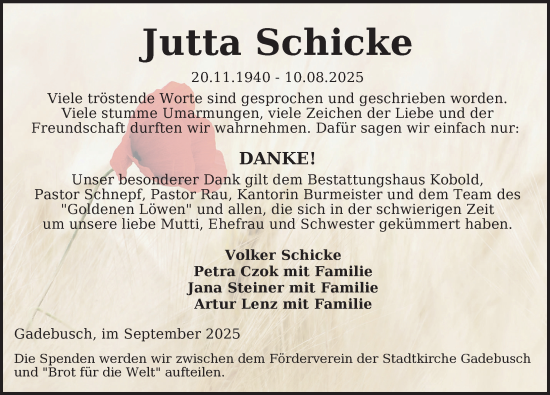 Traueranzeige von Jutta Schicke von Gadebusch - Rehnaer Zeitung