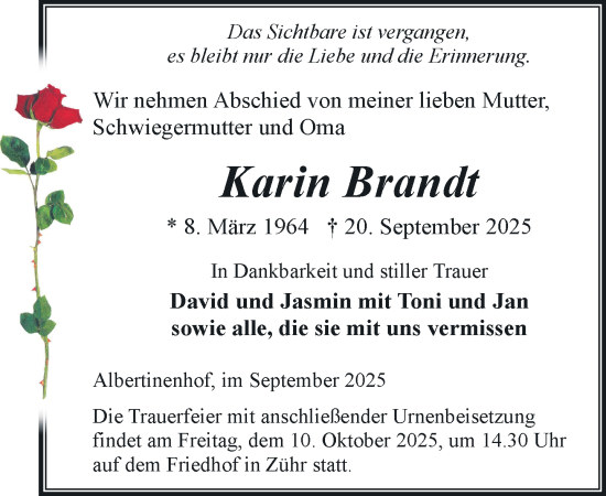 Traueranzeige von Karin Brandt von Hagenower Kreisblatt