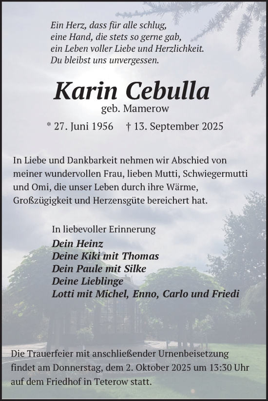 Traueranzeige von Karin Cebulla von Nordkurier Mecklenburger Schweiz