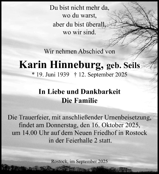 Traueranzeige von Karin Hinneburg von Norddeutsche Neueste Nachrichten