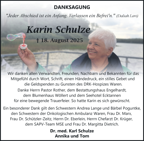 Traueranzeige von Karin Schulze von Nordkurier Müritz-Zeitung