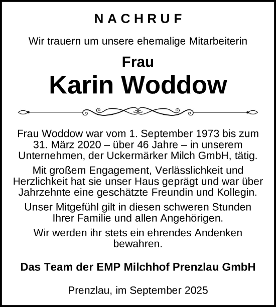 Traueranzeige von Karin Woddow von Uckermark Kurier Prenzlauer Zeitung
