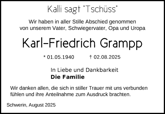 Traueranzeige von Karl-Friedrich Grampp von Zeitung für die Landeshauptstadt