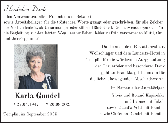 Traueranzeige von Karla Gundel von Uckermark Kurier Templiner Zeitung