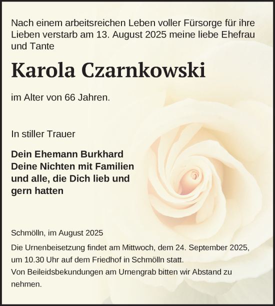 Traueranzeige von Karola Czarnkowski von Uckermark Kurier Prenzlauer Zeitung