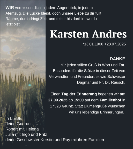 Traueranzeige von Karsten Andres von Nordkurier Pasewalker Zeitung