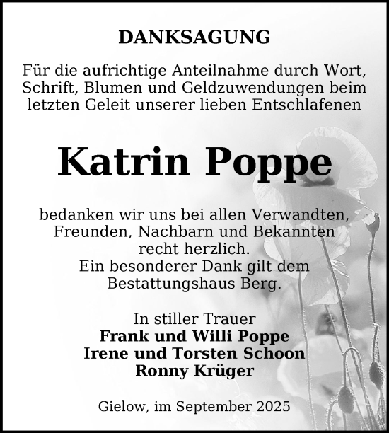 Traueranzeige von Katrin Poppe von Nordkurier Mecklenburger Schweiz