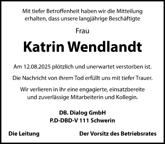 Traueranzeige von Katrin Wendlandt von Zeitung für die Landeshauptstadt