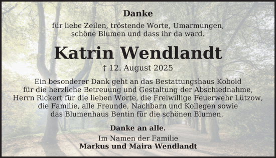 Traueranzeige von Katrin Wendlandt von Gadebusch - Rehnaer Zeitung