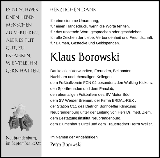 Traueranzeige von Klaus Borowski von Nordkurier Neubrandenburger Zeitung