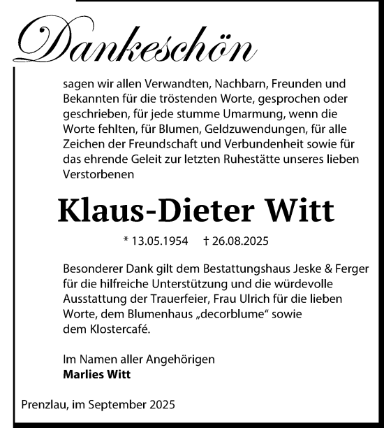 Traueranzeige von Klaus-Dieter Witt von Uckermark Kurier Prenzlauer Zeitung