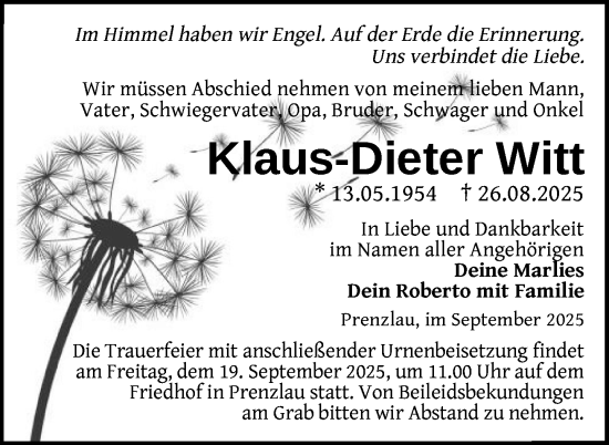 Traueranzeige von Klaus-Dieter Witt von Uckermark Kurier Prenzlauer Zeitung