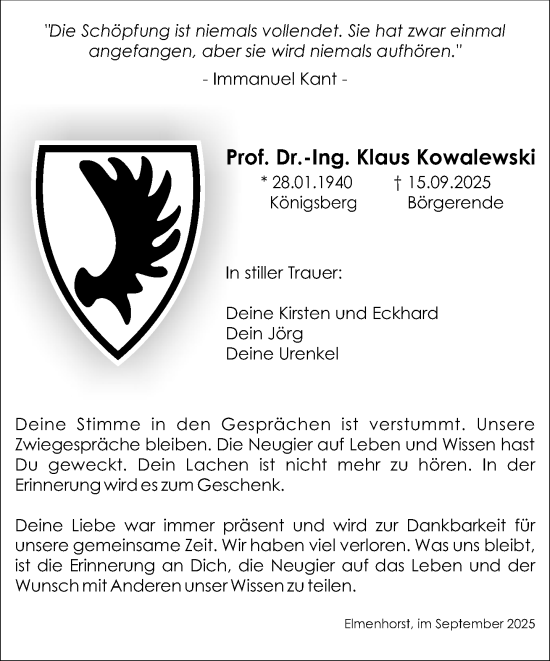 Traueranzeige von Klaus Kowalewski von Norddeutsche Neueste Nachrichten