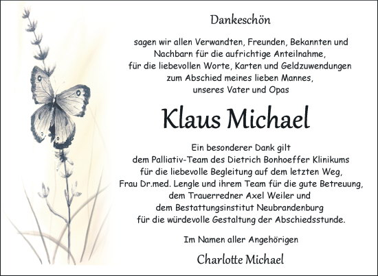 Traueranzeige von Klaus Michael von Nordkurier Neubrandenburger Zeitung
