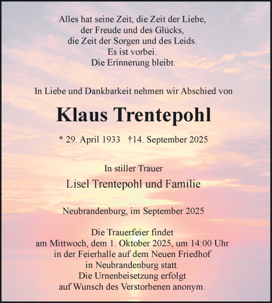 Traueranzeige von Klaus Trentepohl von Nordkurier Neubrandenburger Zeitung
