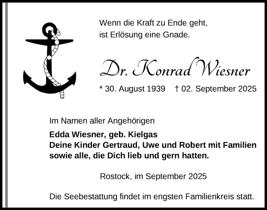 Traueranzeige von Konrad Wiesner von Hagenower Kreisblatt