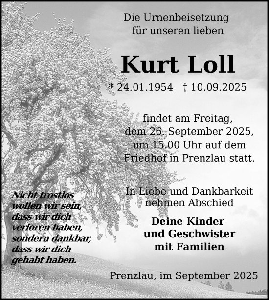 Traueranzeige von Kurt Loll von Uckermark Kurier Prenzlauer Zeitung