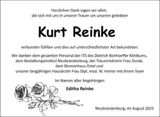 Traueranzeige von Kurt Reinke von Nordkurier Neubrandenburger Zeitung