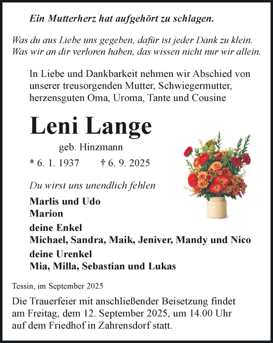 Traueranzeige von Leni Lange von Hagenower Kreisblatt
