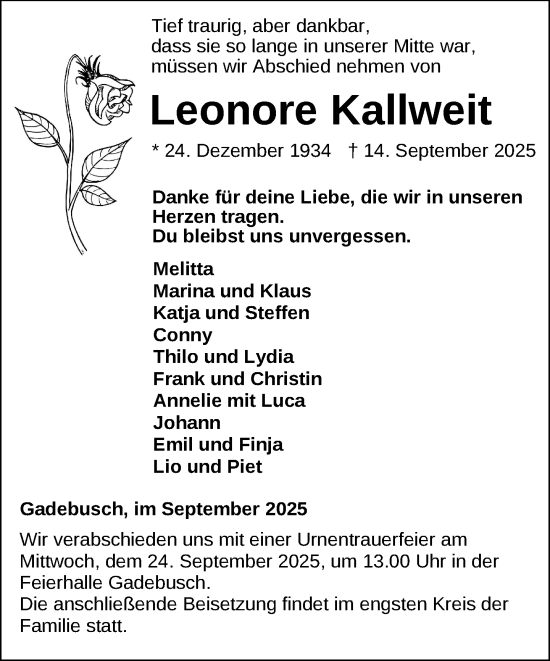 Traueranzeige von Leonore Kallweit von Gadebusch - Rehnaer Zeitung