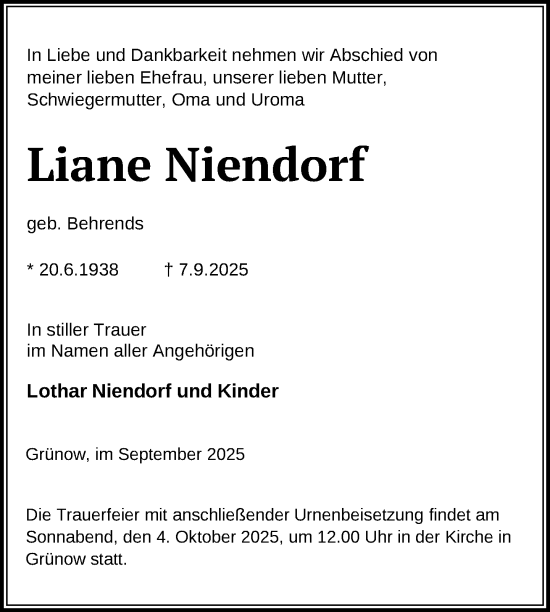 Traueranzeige von Liane Niendorf von Nordkurier Strelitzer Zeitung