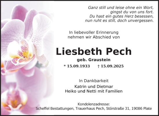 Traueranzeige von Liesbeth Pech von Nordkurier Müritz-Zeitung