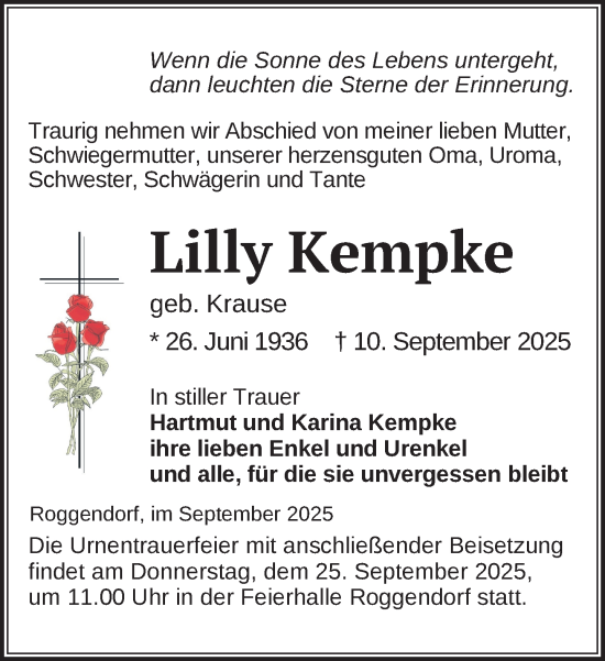 Traueranzeige von Lilly Kempke von Gadebusch - Rehnaer Zeitung