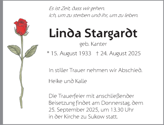 Traueranzeige von Linda Stargardt von Zeitung für die Landeshauptstadt