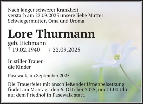 Traueranzeige von Lore Thurmann von Nordkurier Pasewalker Zeitung