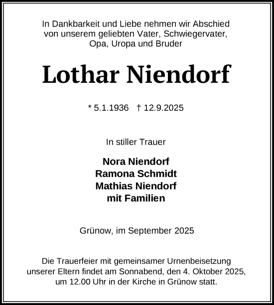 Traueranzeige von Lothar Niendorf von Nordkurier Strelitzer Zeitung