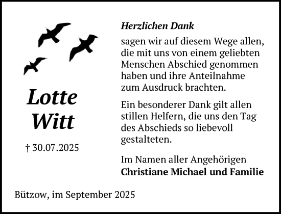 Traueranzeige von Lotte Witt von Güstrow und Bützow