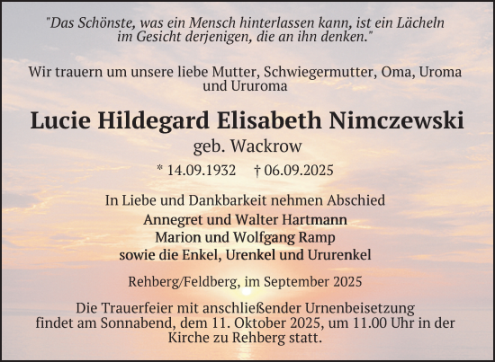 Traueranzeige von Lucie Hildegard Elisabeth Nimczewski von Nordkurier Strelitzer Zeitung