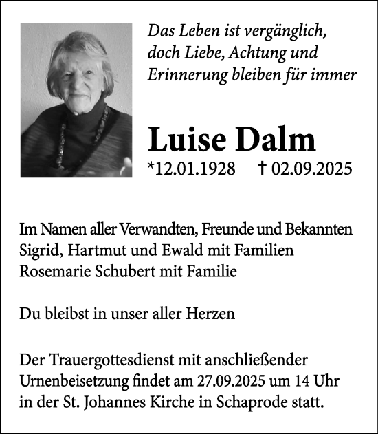Traueranzeige von Luise Dalm von Norddeutsche Neueste Nachrichten