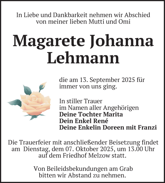 Traueranzeige von Magarete Johanna Lehmann von Uckermark Kurier Prenzlauer Zeitung