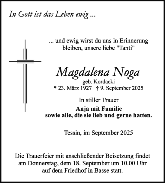Traueranzeige von Magdalena Noga von Nordkurier Mecklenburger Schweiz