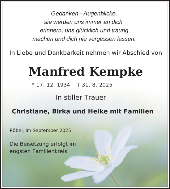 Traueranzeige von Manfred Kempke von Nordkurier Müritz-Zeitung