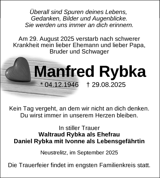 Traueranzeige von Manfred Rybka von Nordkurier Strelitzer Zeitung