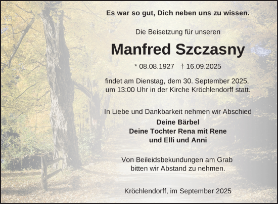 Traueranzeige von Manfred Szczasny von Uckermark Kurier Prenzlauer Zeitung