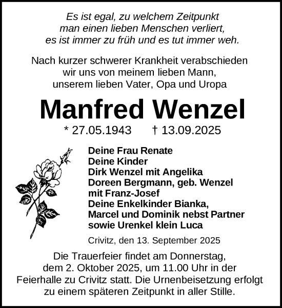 Traueranzeige von Manfred Wenzel von Zeitung für die Landeshauptstadt