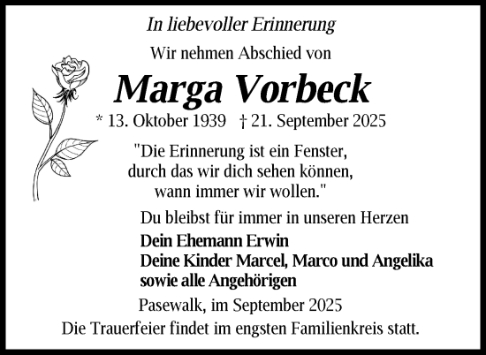 Traueranzeige von Marga Vorbeck von Nordkurier Pasewalker Zeitung