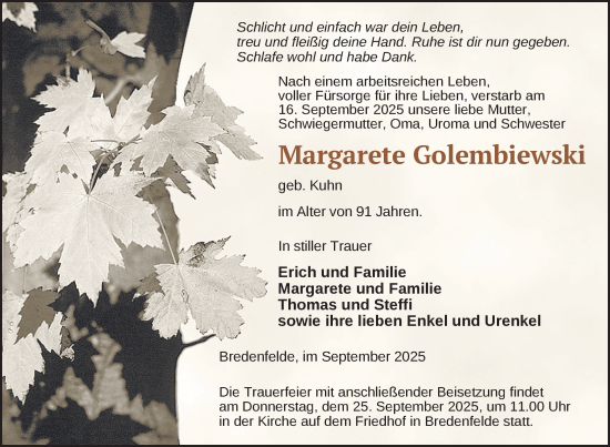 Traueranzeige von Margarete Golembiewski von Nordkurier Strelitzer Zeitung