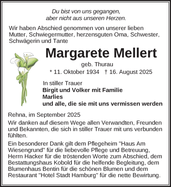 Traueranzeige von Margarete Mellert von Gadebusch - Rehnaer Zeitung