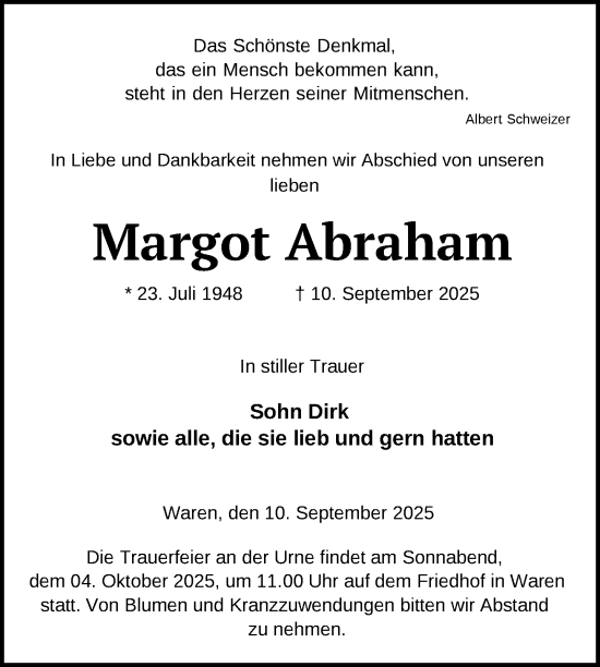 Traueranzeige von Margot Abraham von Nordkurier Müritz-Zeitung