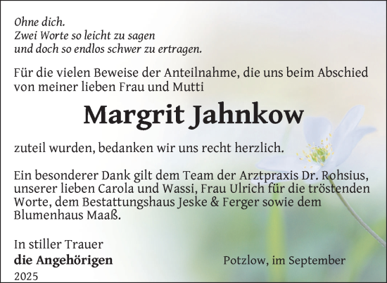 Traueranzeige von Margrit Jahnkow von Uckermark Kurier Prenzlauer Zeitung