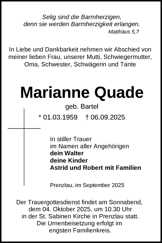 Traueranzeige von Marianne Quade von Uckermark Kurier Prenzlauer Zeitung