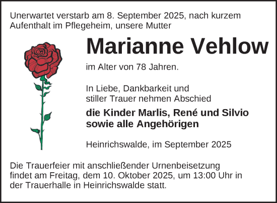 Traueranzeige von Marianne Vehlow von Nordkurier Haff-Zeitung