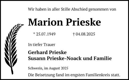 Traueranzeige von Marion Prieske von Zeitung für die Landeshauptstadt